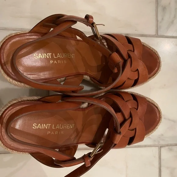 Yves Saint Laurent Tribute Brown Leather Espadrille Wedge Sandals - Picture 7 of 10